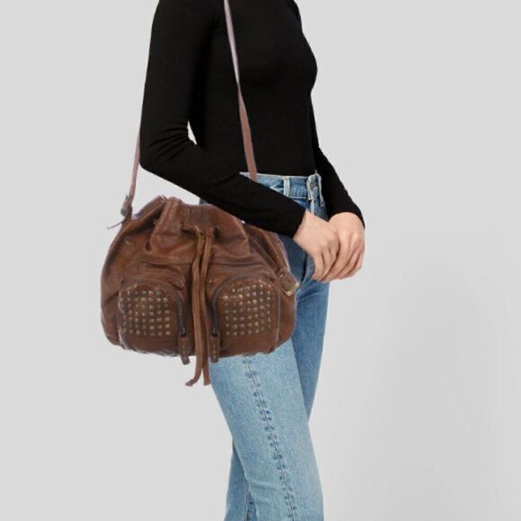 Frye Brooke Studded Brown Leather Drawstring Bucket Crossbody Bag Purse - Picture 1 of 9